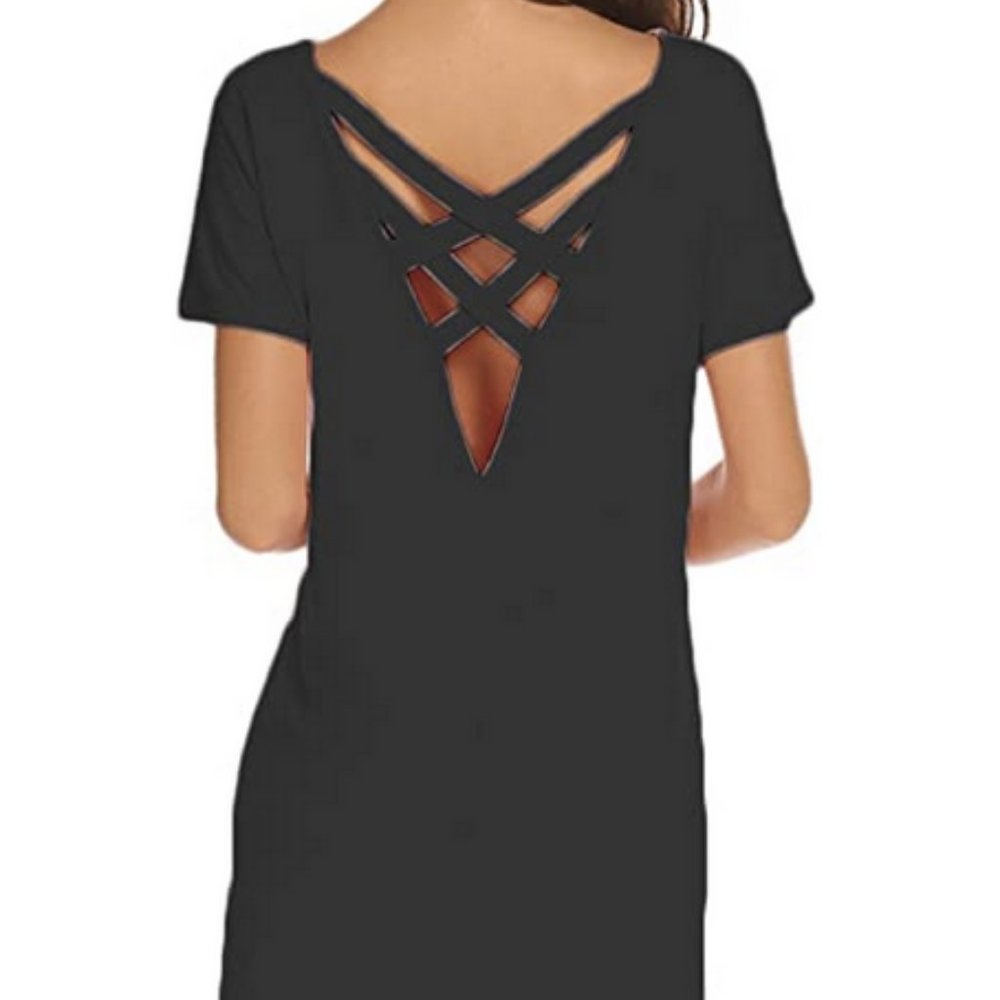 Black Criss Cross Short Sleeve Dress Size L